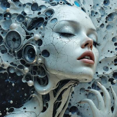 The primary subject of the image is a woman with a unique and artistic appearance. She is wearing a futuristic headpiece and has a distinctive look. The setting is a space-themed environment, with a backdrop of a moon. The visual style is a combination of photo and digital art, creating a surreal and intriguing scene. The colors and mood of the image are predominantly dark and mysterious, with a touch of whimsy and creativity.